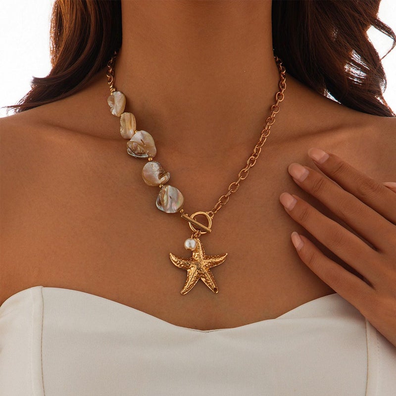 MIFYNN Gold Shell Starfish Necklace for Women Pearl Shell Necklace Layered Beaded Starfish Necklaces Summer Beach Surf Jewelry Gifts for Women - Image 2